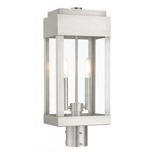 Outdoor Landscape Lighting LED 12V Low Voltage York Candelabra Base Light Bulb Socket Medium Outdoor Post Top Lantern 8" x 6.125" x 19.75" Solid Brass and Clear Glass, Brushed Nickel Finish 120V for Garden, Exterior Post - 21236-91