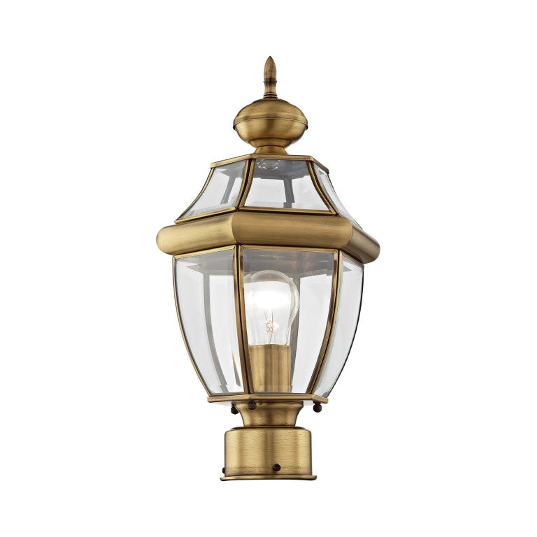 Outdoor Landscape Lighting LED 12V Low Voltage Monterey Medium Base Light Bulb Socket Small Outdoor Post Top Lantern 16.5" x 8.5" Hand Crafted Solid Brass and Clear Beveled Glass, Antique Brass Finish 120V for Garden, Exterior Post - 2153-01