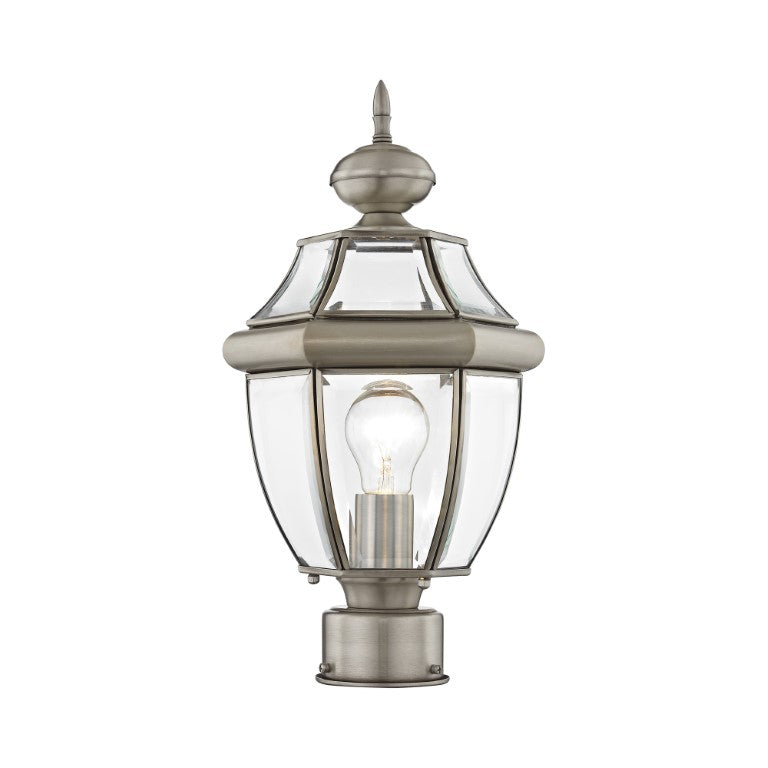Outdoor Landscape Lighting LED 12V Low Voltage Monterey Medium Base Light Bulb Socket Small Outdoor Post Top Lantern 16.5" x 8.5" Hand Crafted Solid Brass and Clear Beveled Glass, Brushed Nickel Finish 120V for Garden, Exterior Post - 2153-91