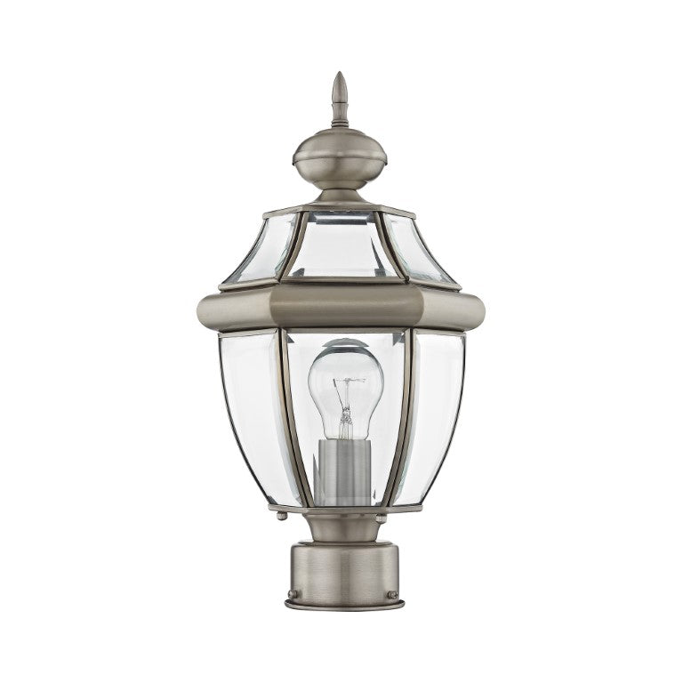 Outdoor Landscape Lighting LED 12V Low Voltage Monterey Medium Base Light Bulb Socket Small Outdoor Post Top Lantern 16.5" x 8.5" Hand Crafted Solid Brass and Clear Beveled Glass, Brushed Nickel Finish 120V for Garden, Exterior Post - 2153-91