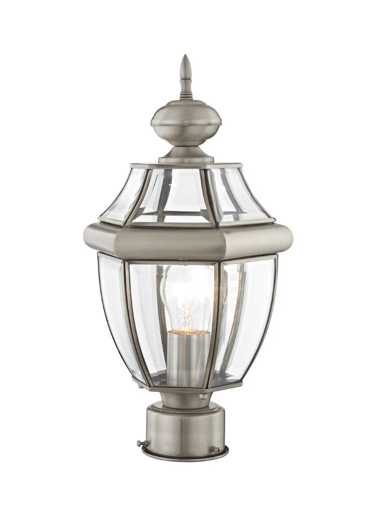 Outdoor Landscape Lighting LED 12V Low Voltage Monterey Medium Base Light Bulb Socket Small Outdoor Post Top Lantern 16.5" x 8.5" Hand Crafted Solid Brass and Clear Beveled Glass, Brushed Nickel Finish 120V for Garden, Exterior Post - 2153-91