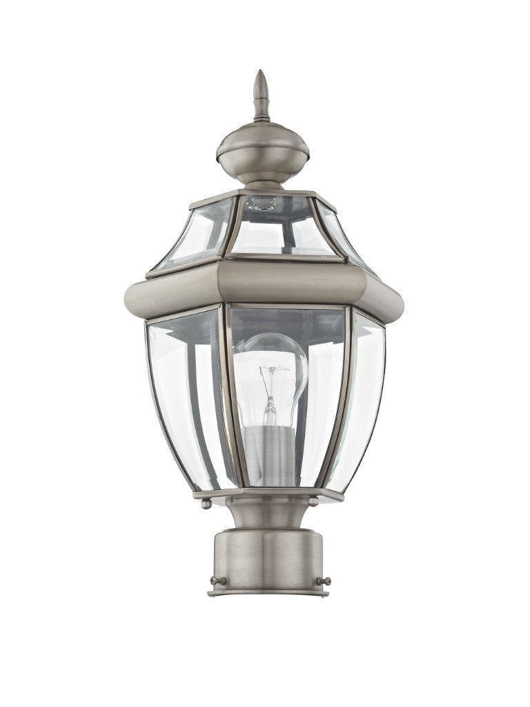 Outdoor Landscape Lighting LED 12V Low Voltage Monterey Medium Base Light Bulb Socket Small Outdoor Post Top Lantern 16.5" x 8.5" Hand Crafted Solid Brass and Clear Beveled Glass, Brushed Nickel Finish 120V for Garden, Exterior Post - 2153-91