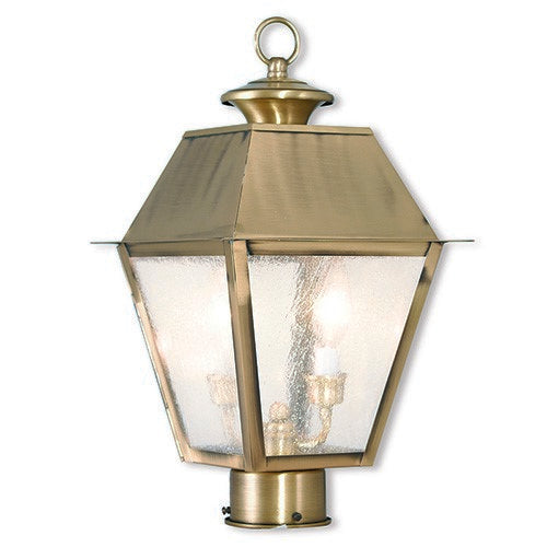 Outdoor Landscape Lighting LED 12V Low Voltage Mansfield Candelabra Base Light Bulb Socket Medium Outdoor Post Top Lantern 9" x 9" x 16.5" Hand Crafted Solid Brass and Seeded Glass, Antique Brass Finish 120V for Garden, Exterior Post - 2166-01