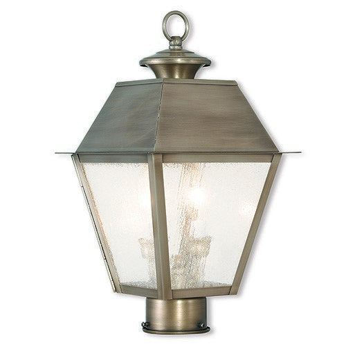 Outdoor Landscape Lighting LED 12V Low Voltage Mansfield Candelabra Base Light Bulb Socket Medium Outdoor Post Top Lantern 9" x 9" x 16.5" Hand Crafted Solid Brass and Seeded Glass, Vintage Pewter Finish 120V for Garden, Exterior Post - 2166-29