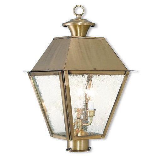 Outdoor Landscape Lighting LED 12V Low Voltage Mansfield Candelabra Base Light Bulb Socket Large Outdoor Post Top Lantern 12" x 12" x 20" Hand Crafted Solid Brass and Seeded Glass, Antique Brass Finish 120V for Garden, Exterior Post - 2169-01