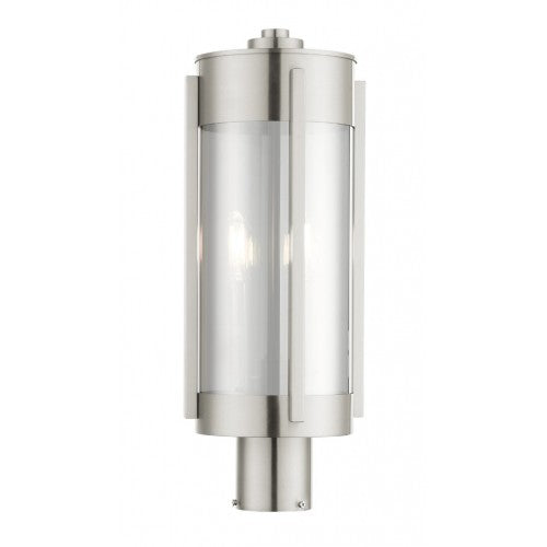 Outdoor Landscape Lighting LED 12V Low Voltage Sheridan Candelabra Base Light Bulb Socket Medium Outdoor Post Top Lantern 18.75" x 7.5" Stainless Steel and Electrical Plated Smoke Glass, Brushed Nickel Finish 120V for Garden, Exterior Post - 22386-91