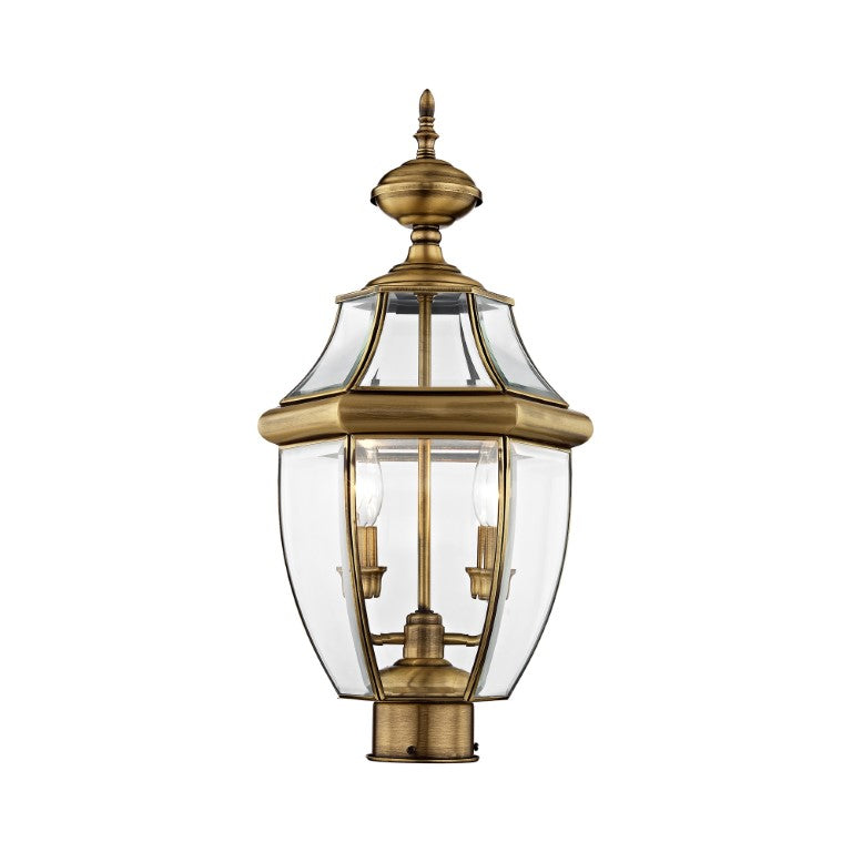 Outdoor Landscape Lighting LED 12V Low Voltage Monterey Candelabra Base Light Bulb Socket Medium Outdoor Post Top Lantern 21.5" x 10.5" Hand Crafted Solid Brass and Clear Beveled Glass, Antique Brass Finish 120V for Garden, Exterior Post - 2254-01
