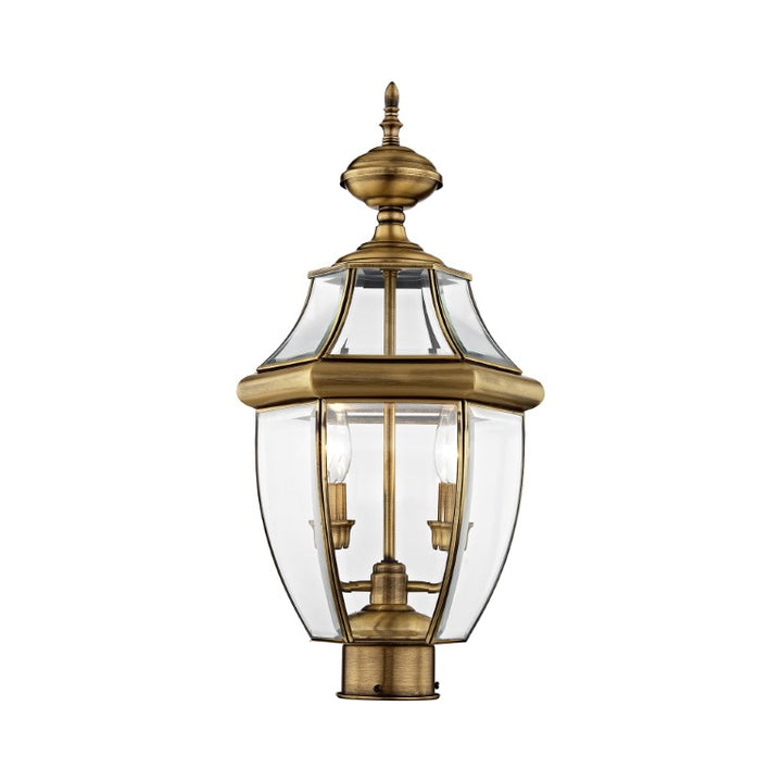 Outdoor Landscape Lighting LED 12V Low Voltage Monterey Candelabra Base Light Bulb Socket Medium Outdoor Post Top Lantern 21.5" x 10.5" Hand Crafted Solid Brass and Clear Beveled Glass, Antique Brass Finish 120V for Garden, Exterior Post - 2254-01