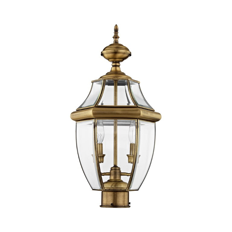 Outdoor Landscape Lighting LED 12V Low Voltage Monterey Candelabra Base Light Bulb Socket Medium Outdoor Post Top Lantern 21.5" x 10.5" Hand Crafted Solid Brass and Clear Beveled Glass, Antique Brass Finish 120V for Garden, Exterior Post - 2254-01
