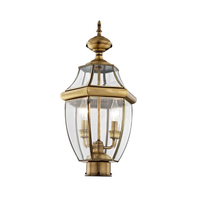 Outdoor Landscape Lighting LED 12V Low Voltage Monterey Candelabra Base Light Bulb Socket Medium Outdoor Post Top Lantern 21.5" x 10.5" Hand Crafted Solid Brass and Clear Beveled Glass, Antique Brass Finish 120V for Garden, Exterior Post - 2254-01