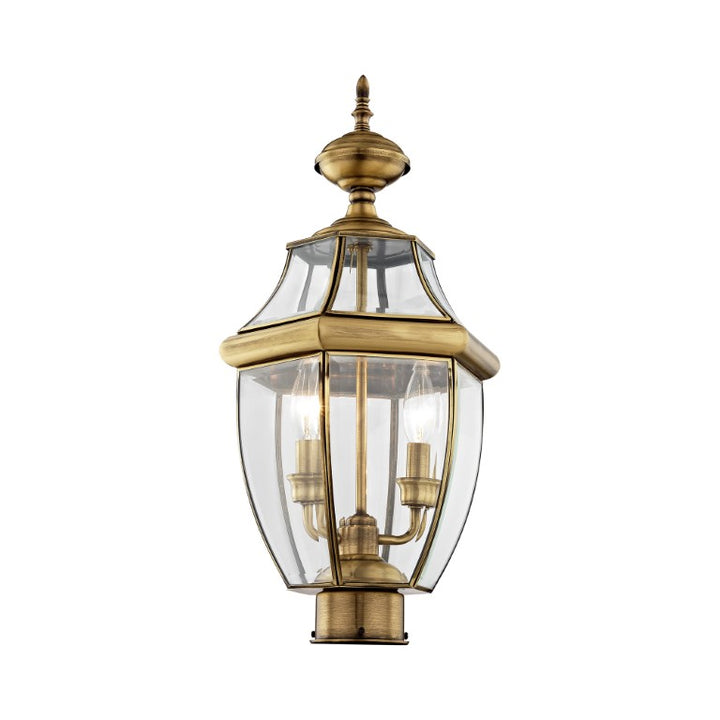 Outdoor Landscape Lighting LED 12V Low Voltage Monterey Candelabra Base Light Bulb Socket Medium Outdoor Post Top Lantern 21.5" x 10.5" Hand Crafted Solid Brass and Clear Beveled Glass, Antique Brass Finish 120V for Garden, Exterior Post - 2254-01
