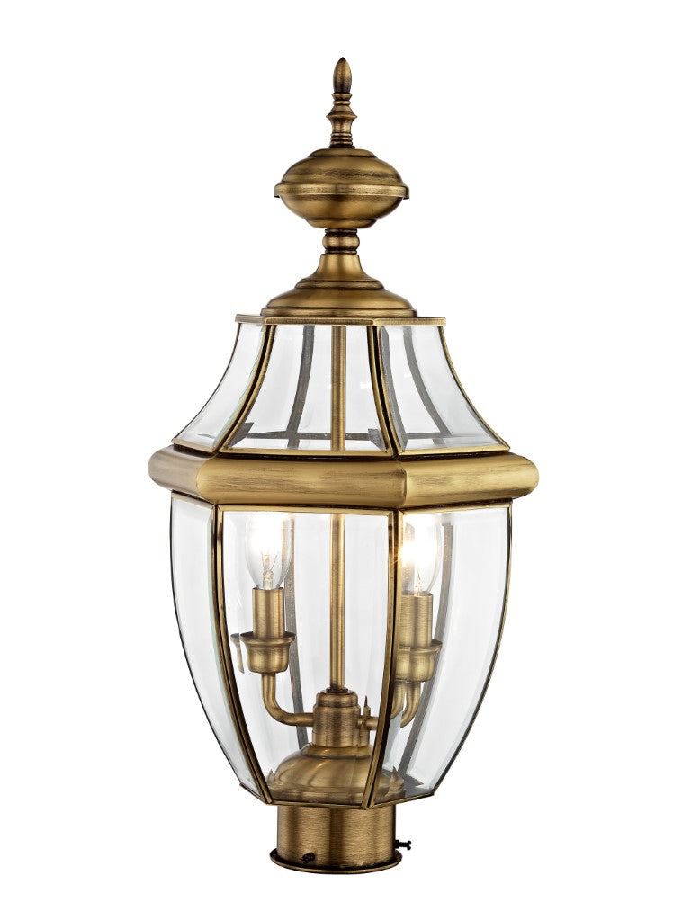 Outdoor Landscape Lighting LED 12V Low Voltage Monterey Candelabra Base Light Bulb Socket Medium Outdoor Post Top Lantern 21.5" x 10.5" Hand Crafted Solid Brass and Clear Beveled Glass, Antique Brass Finish 120V for Garden, Exterior Post - 2254-01