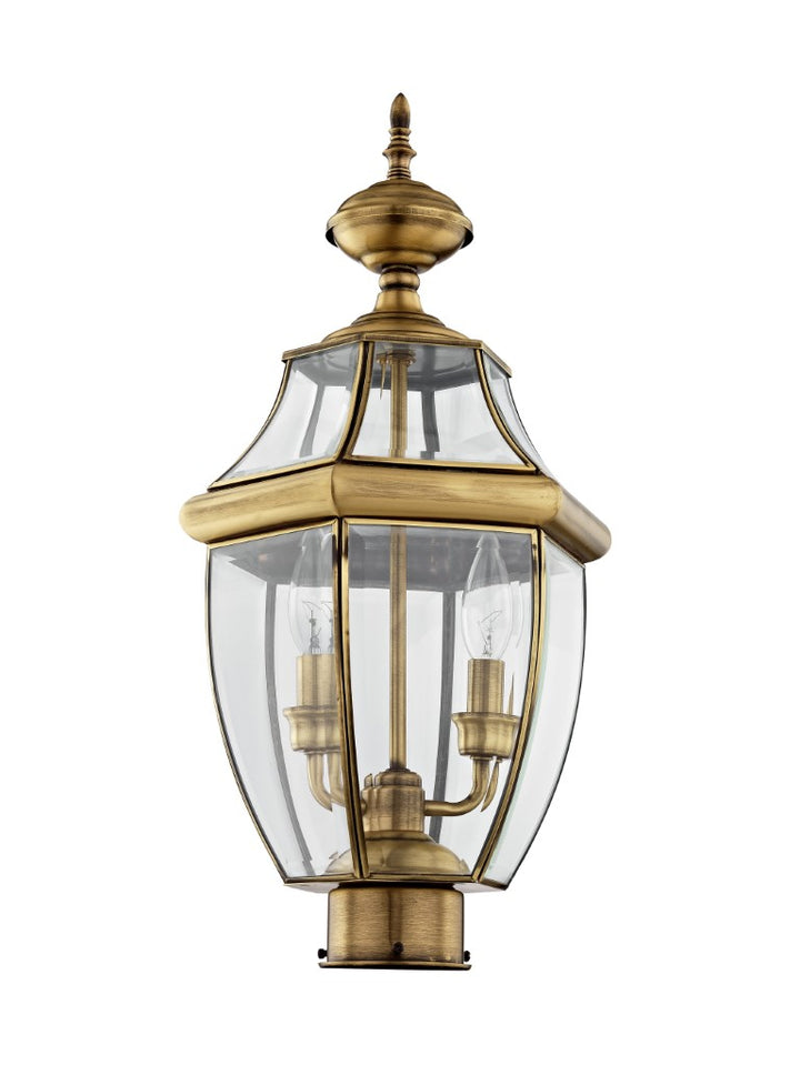 Outdoor Landscape Lighting LED 12V Low Voltage Monterey Candelabra Base Light Bulb Socket Medium Outdoor Post Top Lantern 21.5" x 10.5" Hand Crafted Solid Brass and Clear Beveled Glass, Antique Brass Finish 120V for Garden, Exterior Post - 2254-01