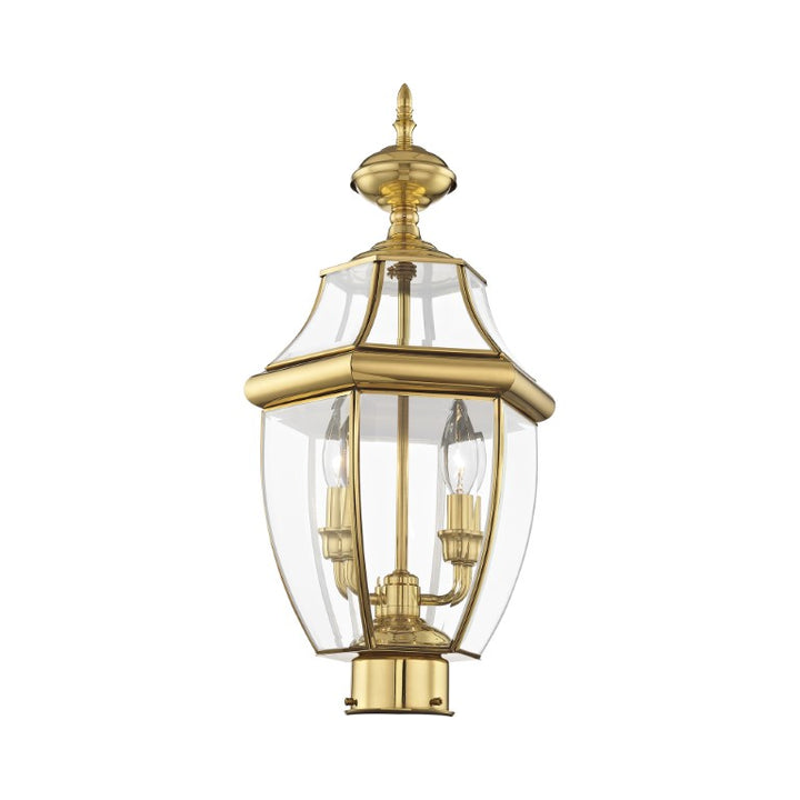 Outdoor Landscape Lighting LED 12V Low Voltage Monterey Candelabra Base Light Bulb Socket Medium Outdoor Post Top Lantern 21.5" x 10.5" Hand Crafted Solid Brass and Clear Beveled Glass , Polished Brass Finish 120V for Garden, Exterior Post - 2254-02