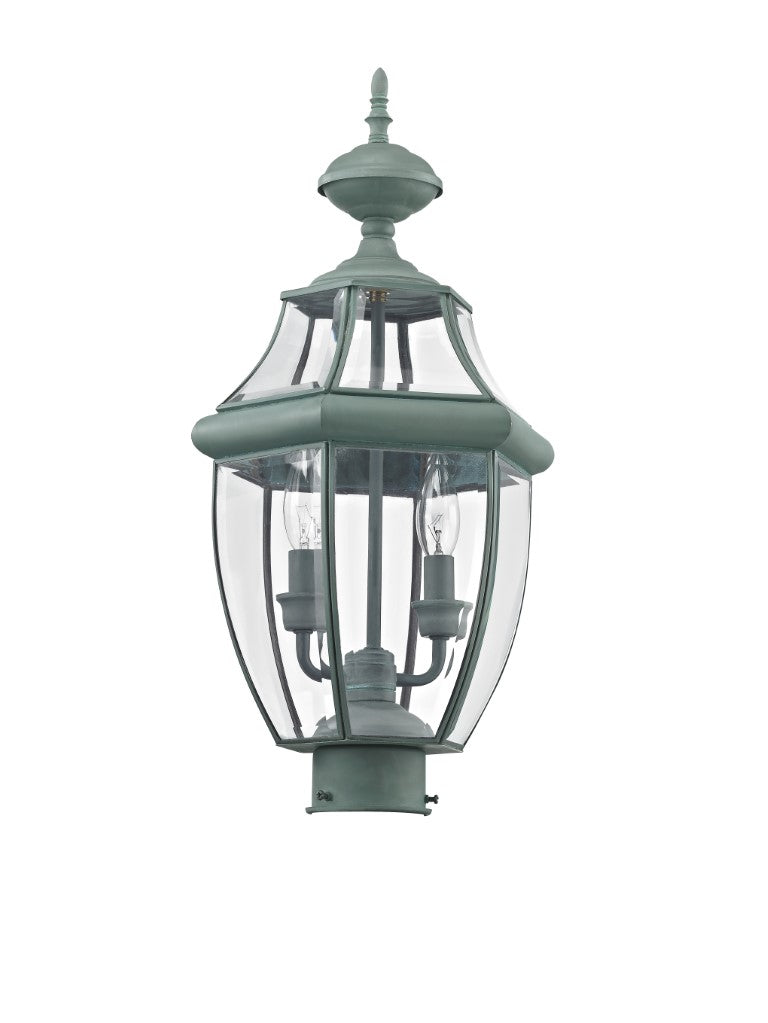 Outdoor Landscape Lighting LED 12V Low Voltage Monterey Candelabra Base Light Bulb Socket Medium Outdoor Post Top Lantern 21.5" x 10.5" Hand Crafted Solid Brass and Clear Beveled Glass , Verdigris Finish 120V for Garden, Exterior Post - 2254-06