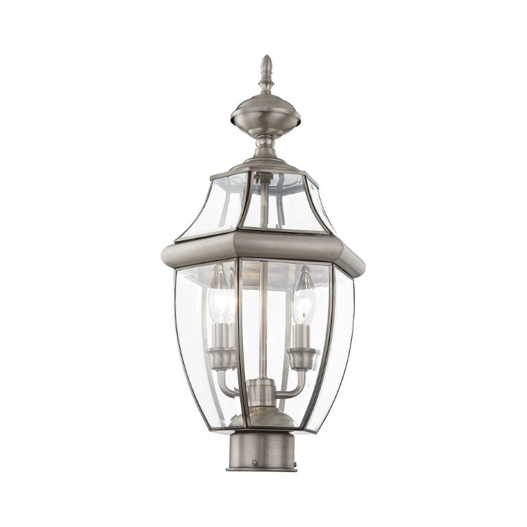 Outdoor Landscape Lighting LED 12V Low Voltage Monterey Candelabra Base Light Bulb Socket Medium Outdoor Post Top Lantern 21.5" x 10.5" Hand Crafted Solid Brass and Clear Beveled Glass, Brushed Nickel Finish 120V for Garden, Exterior Post - 2254-91