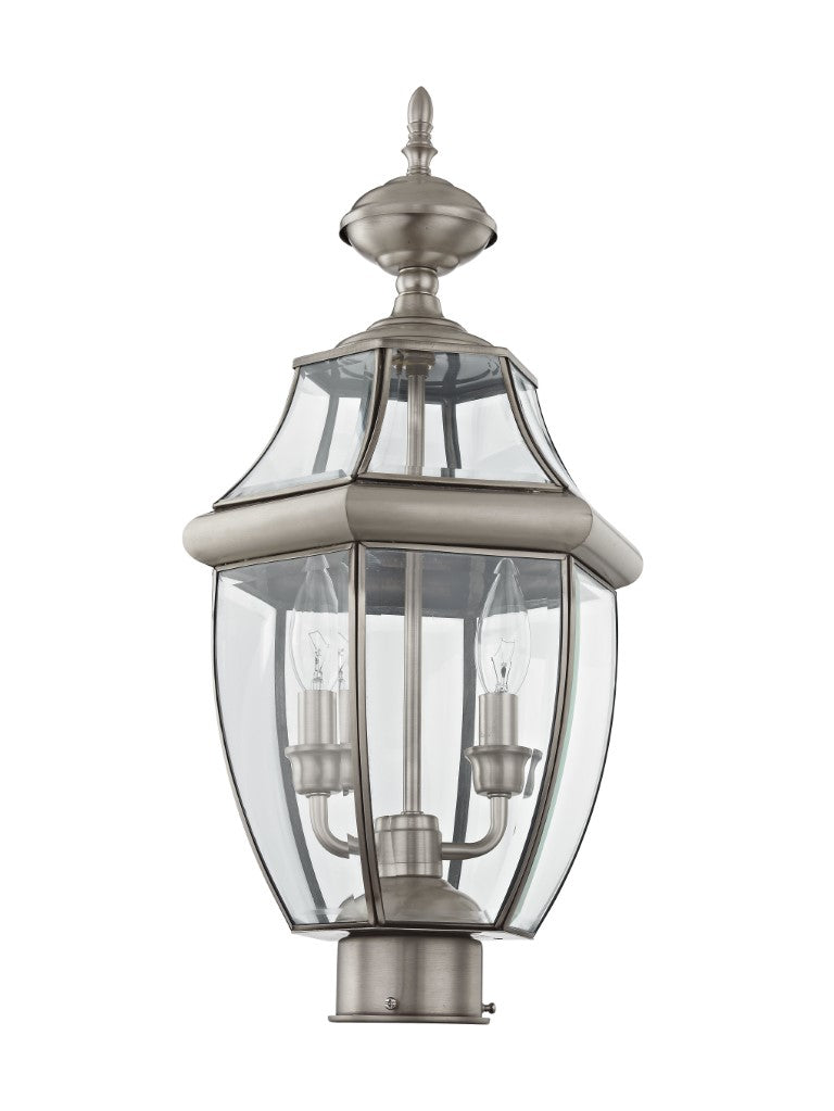 Outdoor Landscape Lighting LED 12V Low Voltage Monterey Candelabra Base Light Bulb Socket Medium Outdoor Post Top Lantern 21.5" x 10.5" Hand Crafted Solid Brass and Clear Beveled Glass, Brushed Nickel Finish 120V for Garden, Exterior Post - 2254-91
