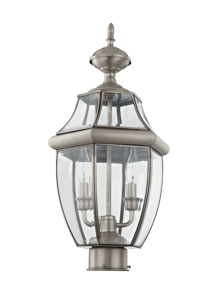 Outdoor Landscape Lighting LED 12V Low Voltage Monterey Candelabra Base Light Bulb Socket Medium Outdoor Post Top Lantern 21.5" x 10.5" Hand Crafted Solid Brass and Clear Beveled Glass, Brushed Nickel Finish 120V for Garden, Exterior Post - 2254-91