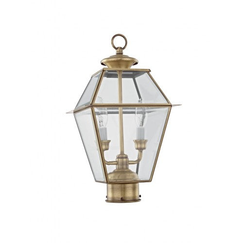 Outdoor Landscape Lighting LED 12V Low Voltage Westover Candelabra Base Light Bulb Socket Medium Outdoor Post Top Lantern 9" x 9" x 16.5" Hand Crafted Solid Brass and Clear Beveled Glass, Antique Brass Finish 120V for Garden, Exterior Post - 2284-01