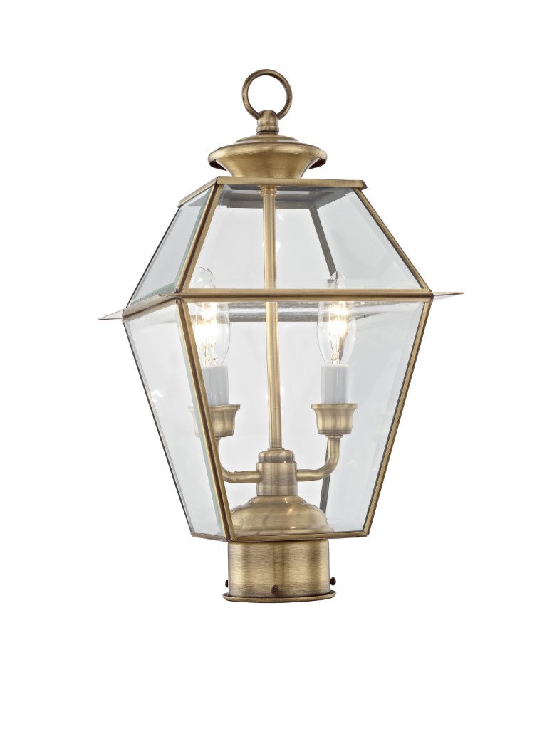 Outdoor Landscape Lighting LED 12V Low Voltage Westover Candelabra Base Light Bulb Socket Medium Outdoor Post Top Lantern 9" x 9" x 16.5" Hand Crafted Solid Brass and Clear Beveled Glass, Antique Brass Finish 120V for Garden, Exterior Post - 2284-01