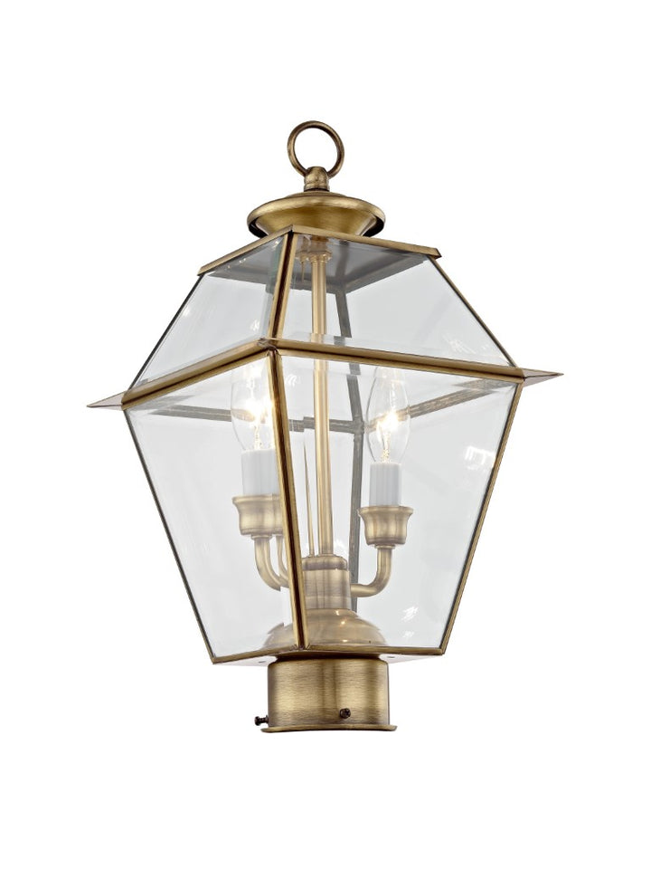 Outdoor Landscape Lighting LED 12V Low Voltage Westover Candelabra Base Light Bulb Socket Medium Outdoor Post Top Lantern 9" x 9" x 16.5" Hand Crafted Solid Brass and Clear Beveled Glass, Antique Brass Finish 120V for Garden, Exterior Post - 2284-01