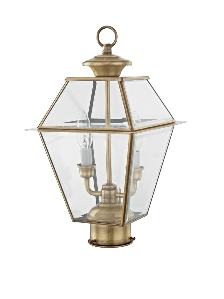 Outdoor Landscape Lighting LED 12V Low Voltage Westover Candelabra Base Light Bulb Socket Medium Outdoor Post Top Lantern 9" x 9" x 16.5" Hand Crafted Solid Brass and Clear Beveled Glass, Antique Brass Finish 120V for Garden, Exterior Post - 2284-01