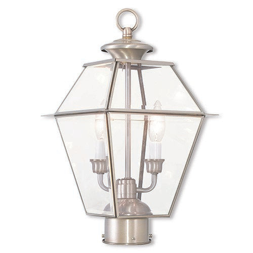 Outdoor Landscape Lighting LED 12V Low Voltage Westover Candelabra Base Light Bulb Socket Medium Outdoor Post Top Lantern 9" x 9" x 16.5" Hand Crafted Solid Brass and Clear Beveled Glass, Brushed Nickel Finish 120V for Garden, Exterior Post - 2284-91