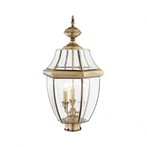 Outdoor Landscape Lighting LED 12V Low Voltage Monterey Candelabra Base Light Bulb Socket Large Outdoor Post Top Lantern 23.5" x 12.5" Hand Crafted Solid Brass and Clear Beveled Glass, Antique Brass Finish 120V for Garden, Exterior Post - 2354-01