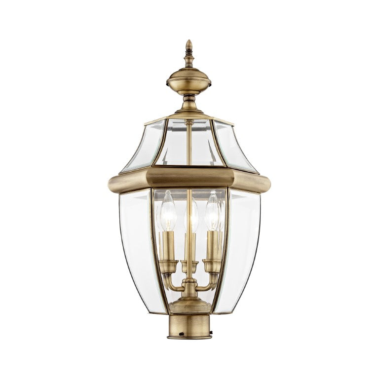 Outdoor Landscape Lighting LED 12V Low Voltage Monterey Candelabra Base Light Bulb Socket Large Outdoor Post Top Lantern 23.5" x 12.5" Hand Crafted Solid Brass and Clear Beveled Glass, Antique Brass Finish 120V for Garden, Exterior Post - 2354-01