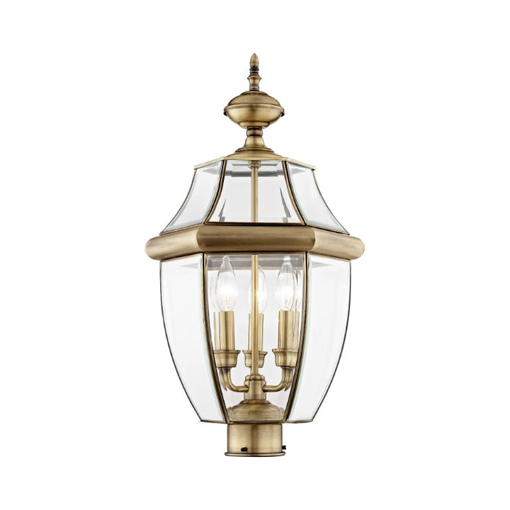 Outdoor Landscape Lighting LED 12V Low Voltage Monterey Candelabra Base Light Bulb Socket Large Outdoor Post Top Lantern 23.5" x 12.5" Hand Crafted Solid Brass and Clear Beveled Glass, Antique Brass Finish 120V for Garden, Exterior Post - 2354-01