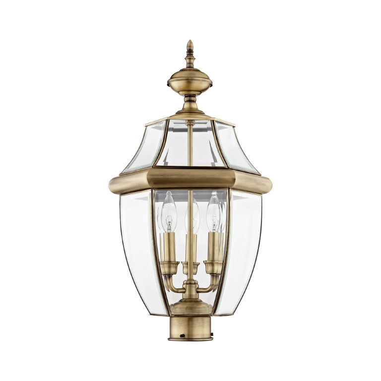 Outdoor Landscape Lighting LED 12V Low Voltage Monterey Candelabra Base Light Bulb Socket Large Outdoor Post Top Lantern 23.5" x 12.5" Hand Crafted Solid Brass and Clear Beveled Glass, Antique Brass Finish 120V for Garden, Exterior Post - 2354-01