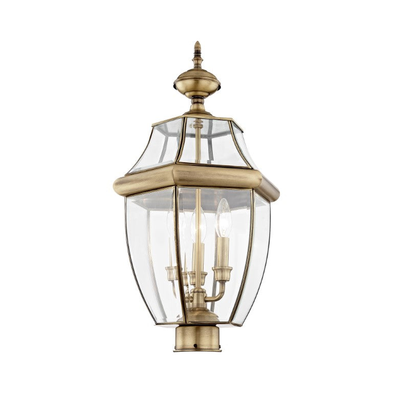 Outdoor Landscape Lighting LED 12V Low Voltage Monterey Candelabra Base Light Bulb Socket Large Outdoor Post Top Lantern 23.5" x 12.5" Hand Crafted Solid Brass and Clear Beveled Glass, Antique Brass Finish 120V for Garden, Exterior Post - 2354-01