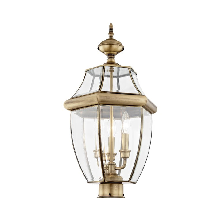 Outdoor Landscape Lighting LED 12V Low Voltage Monterey Candelabra Base Light Bulb Socket Large Outdoor Post Top Lantern 23.5" x 12.5" Hand Crafted Solid Brass and Clear Beveled Glass, Antique Brass Finish 120V for Garden, Exterior Post - 2354-01