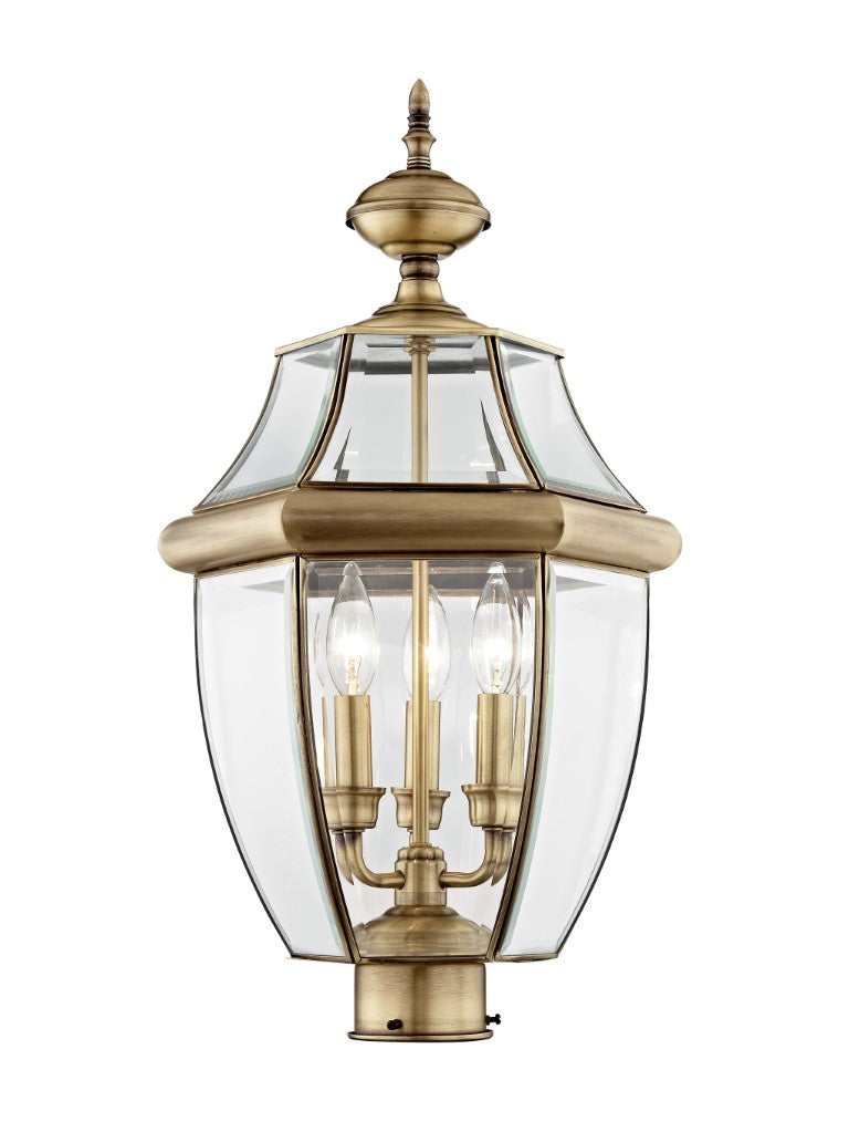 Outdoor Landscape Lighting LED 12V Low Voltage Monterey Candelabra Base Light Bulb Socket Large Outdoor Post Top Lantern 23.5" x 12.5" Hand Crafted Solid Brass and Clear Beveled Glass, Antique Brass Finish 120V for Garden, Exterior Post - 2354-01