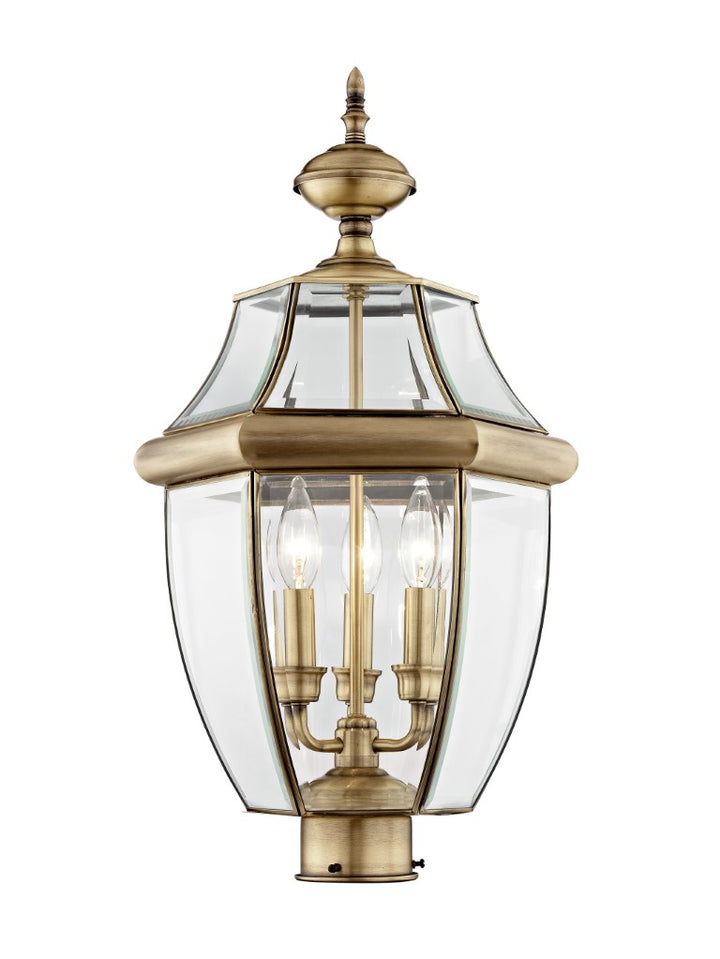 Outdoor Landscape Lighting LED 12V Low Voltage Monterey Candelabra Base Light Bulb Socket Large Outdoor Post Top Lantern 23.5" x 12.5" Hand Crafted Solid Brass and Clear Beveled Glass, Antique Brass Finish 120V for Garden, Exterior Post - 2354-01