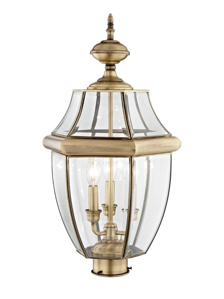 Outdoor Landscape Lighting LED 12V Low Voltage Monterey Candelabra Base Light Bulb Socket Large Outdoor Post Top Lantern 23.5" x 12.5" Hand Crafted Solid Brass and Clear Beveled Glass, Antique Brass Finish 120V for Garden, Exterior Post - 2354-01