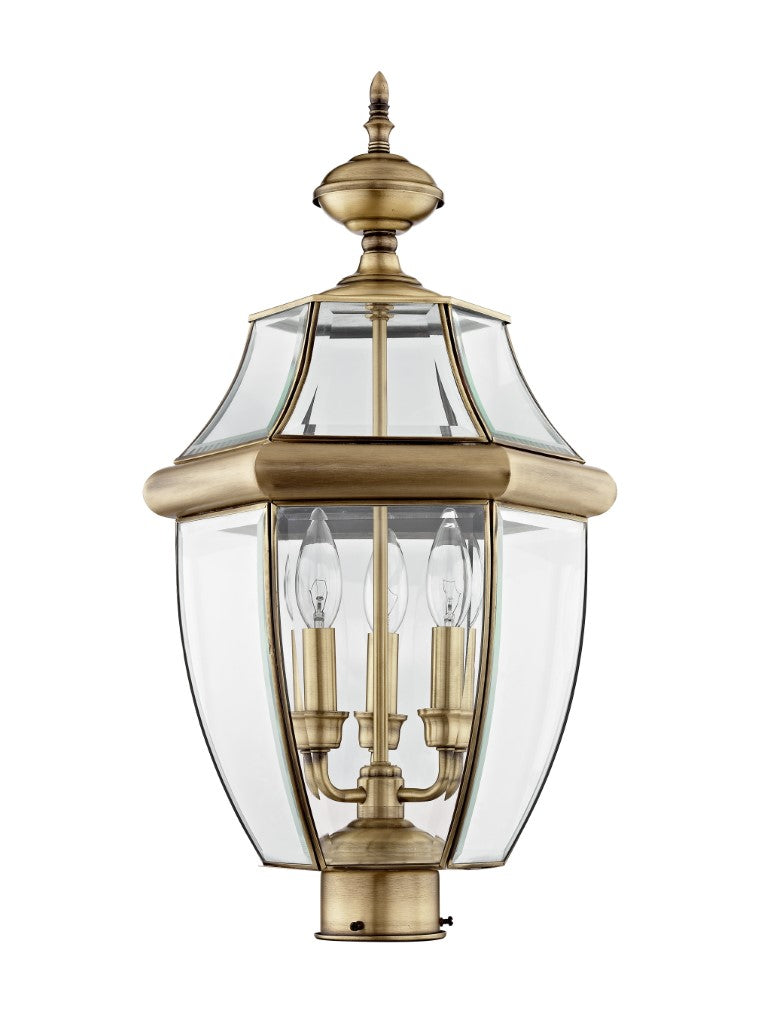 Outdoor Landscape Lighting LED 12V Low Voltage Monterey Candelabra Base Light Bulb Socket Large Outdoor Post Top Lantern 23.5" x 12.5" Hand Crafted Solid Brass and Clear Beveled Glass, Antique Brass Finish 120V for Garden, Exterior Post - 2354-01