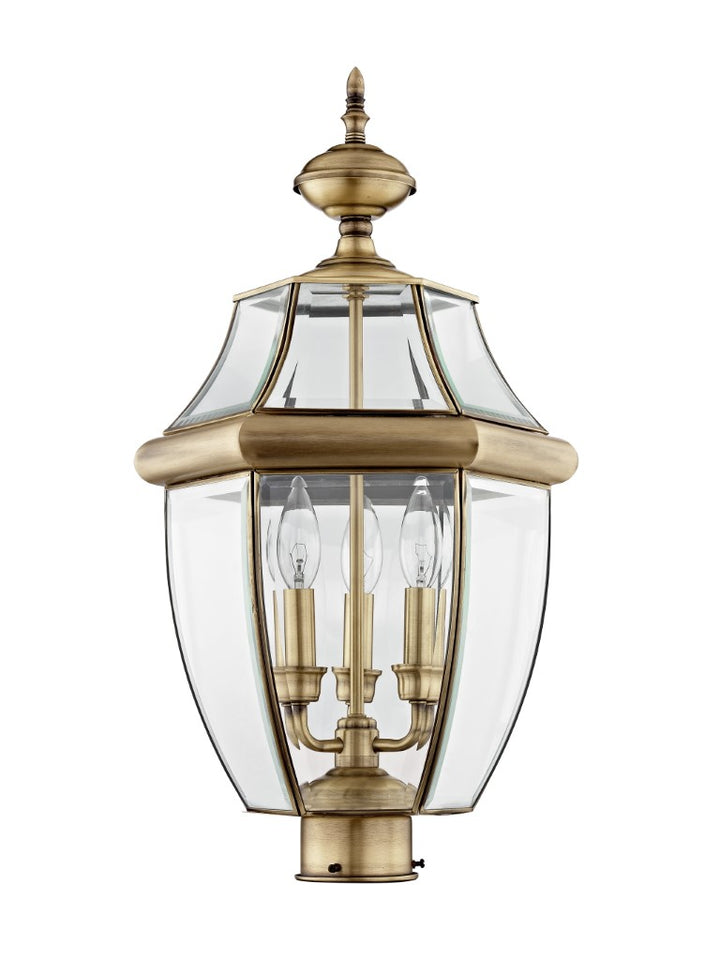Outdoor Landscape Lighting LED 12V Low Voltage Monterey Candelabra Base Light Bulb Socket Large Outdoor Post Top Lantern 23.5" x 12.5" Hand Crafted Solid Brass and Clear Beveled Glass, Antique Brass Finish 120V for Garden, Exterior Post - 2354-01