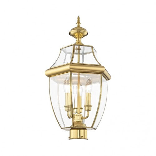 Outdoor Landscape Lighting LED 12V Low Voltage Monterey Candelabra Base Light Bulb Socket Large Outdoor Post Top Lantern 23.5" x 12.5" Hand Crafted Solid Brass and Clear Beveled Glass, Antique Brass Finish 120V for Garden, Exterior Post - 2354-02