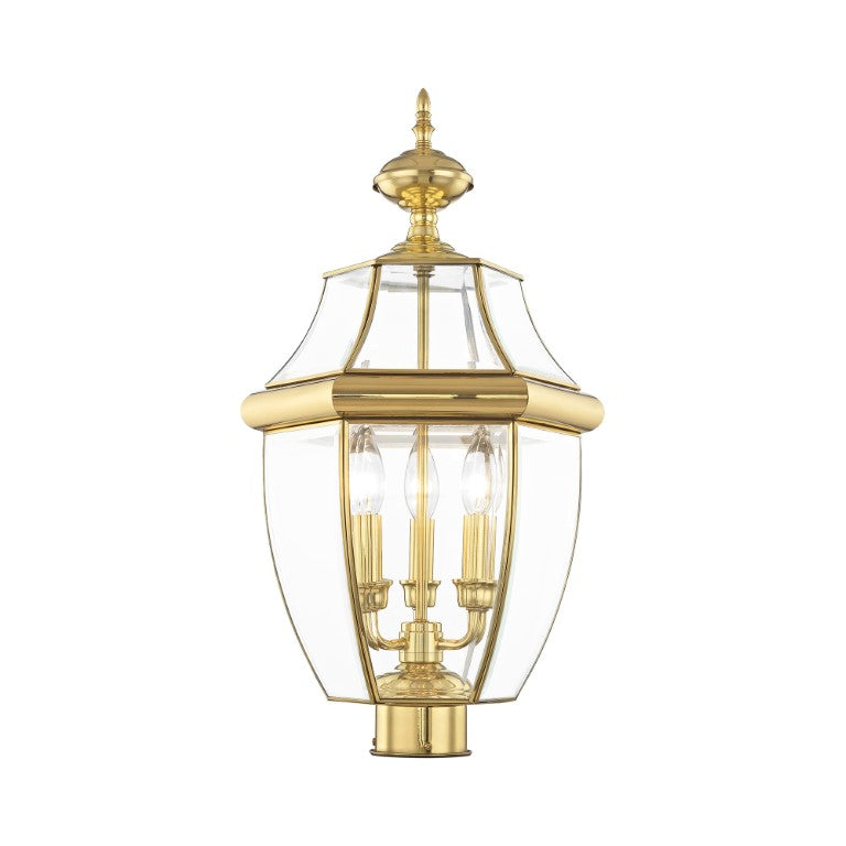 Outdoor Landscape Lighting LED 12V Low Voltage Monterey Candelabra Base Light Bulb Socket Large Outdoor Post Top Lantern 23.5" x 12.5" Hand Crafted Solid Brass and Clear Beveled Glass, Antique Brass Finish 120V for Garden, Exterior Post - 2354-02