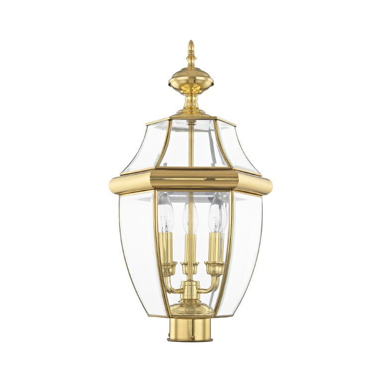 Outdoor Landscape Lighting LED 12V Low Voltage Monterey Candelabra Base Light Bulb Socket Large Outdoor Post Top Lantern 23.5" x 12.5" Hand Crafted Solid Brass and Clear Beveled Glass, Antique Brass Finish 120V for Garden, Exterior Post - 2354-02