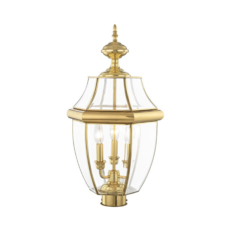 Outdoor Landscape Lighting LED 12V Low Voltage Monterey Candelabra Base Light Bulb Socket Large Outdoor Post Top Lantern 23.5" x 12.5" Hand Crafted Solid Brass and Clear Beveled Glass, Antique Brass Finish 120V for Garden, Exterior Post - 2354-02