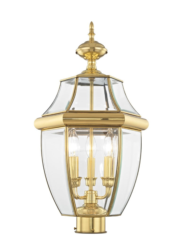 Outdoor Landscape Lighting LED 12V Low Voltage Monterey Candelabra Base Light Bulb Socket Large Outdoor Post Top Lantern 23.5" x 12.5" Hand Crafted Solid Brass and Clear Beveled Glass, Antique Brass Finish 120V for Garden, Exterior Post - 2354-02