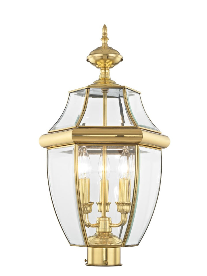 Outdoor Landscape Lighting LED 12V Low Voltage Monterey Candelabra Base Light Bulb Socket Large Outdoor Post Top Lantern 23.5" x 12.5" Hand Crafted Solid Brass and Clear Beveled Glass, Antique Brass Finish 120V for Garden, Exterior Post - 2354-02