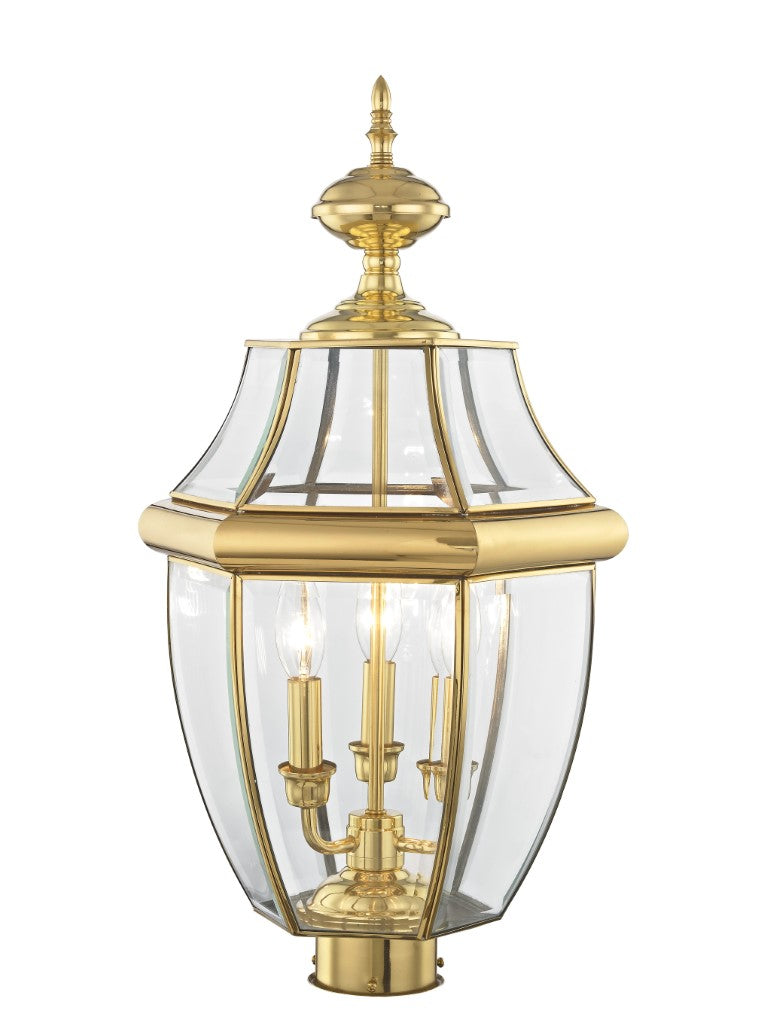Outdoor Landscape Lighting LED 12V Low Voltage Monterey Candelabra Base Light Bulb Socket Large Outdoor Post Top Lantern 23.5" x 12.5" Hand Crafted Solid Brass and Clear Beveled Glass, Antique Brass Finish 120V for Garden, Exterior Post - 2354-02