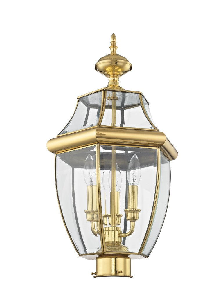Outdoor Landscape Lighting LED 12V Low Voltage Monterey Candelabra Base Light Bulb Socket Large Outdoor Post Top Lantern 23.5" x 12.5" Hand Crafted Solid Brass and Clear Beveled Glass, Antique Brass Finish 120V for Garden, Exterior Post - 2354-02