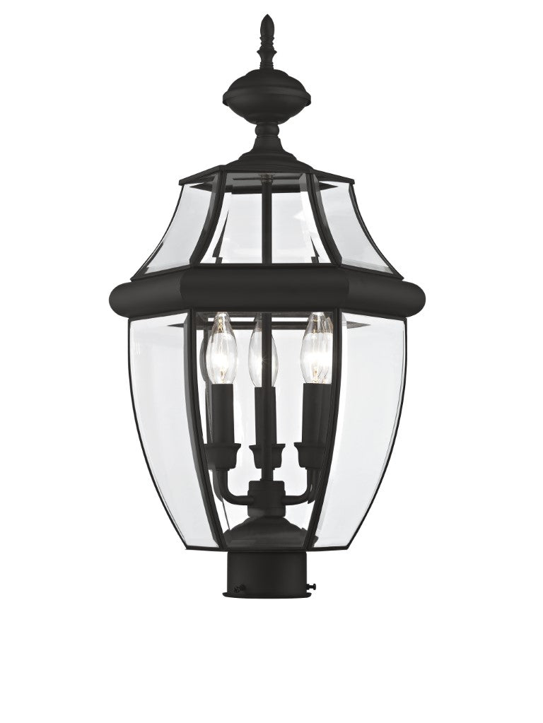 Outdoor Landscape Lighting LED 12V Low Voltage Monterey Candelabra Base Light Bulb Socket Large Outdoor Post Top Lantern 23.5" x 12.5" Hand Crafted Solid Brass and Clear Beveled Glass, Black Finish 120V for Garden, Exterior Post - 2354-04