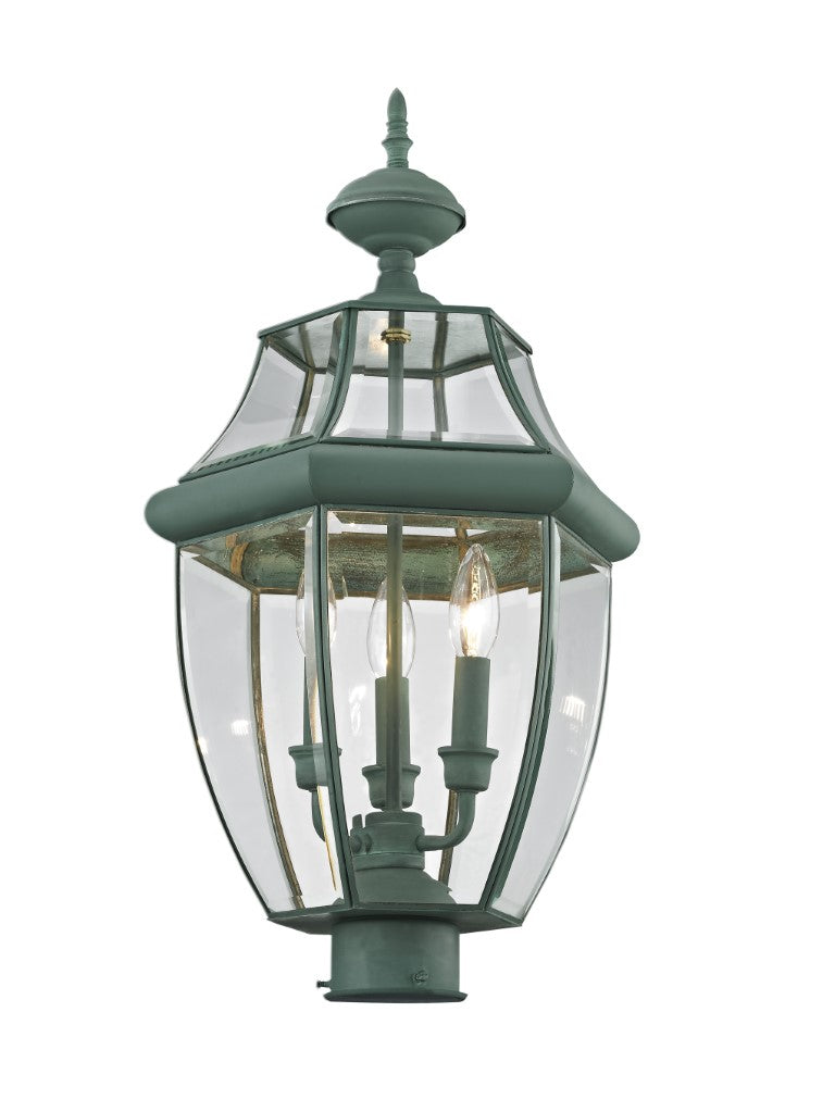 Outdoor Landscape Lighting LED 12V Low Voltage Monterey Candelabra Base Light Bulb Socket Large Outdoor Post Top Lantern 23.5" x 12.5" Hand Crafted Solid Brass and Clear Beveled Glass, Verdigris Finish 120V for Garden, Exterior Post - 2354-06