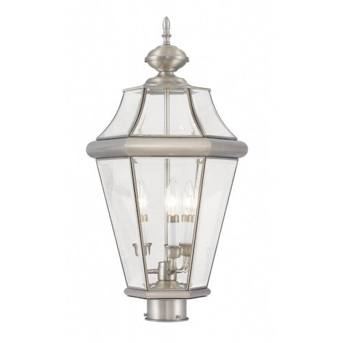 Outdoor Landscape Lighting LED 12V Low Voltage Georgetown Candelabra Base Light 3 Bulb Sockets Large Outdoor Post Top Lantern 23.25" x 13" Hand Crafted Solid Brass and Clear Beveled Glass, Brushed Nickel Finish 120V for Garden, Exterior Post - 2364-91