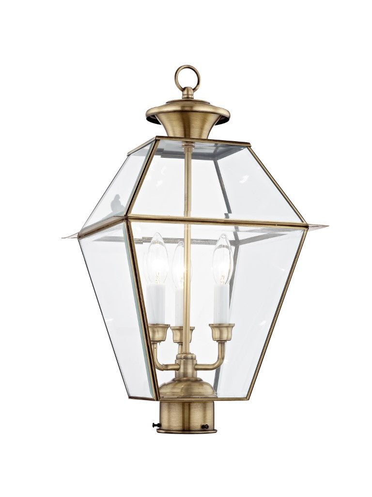 Outdoor Landscape Lighting LED 12V Low Voltage Westover Candelabra Base 3 Light Bulb Sockets Large Outdoor Post Top Lantern 12" x 12" x 21.5" Hand Crafted Solid Brass and Clear Beveled Glass, Antique Brass Finish 120V for Garden, Exterior Post - 2384-01